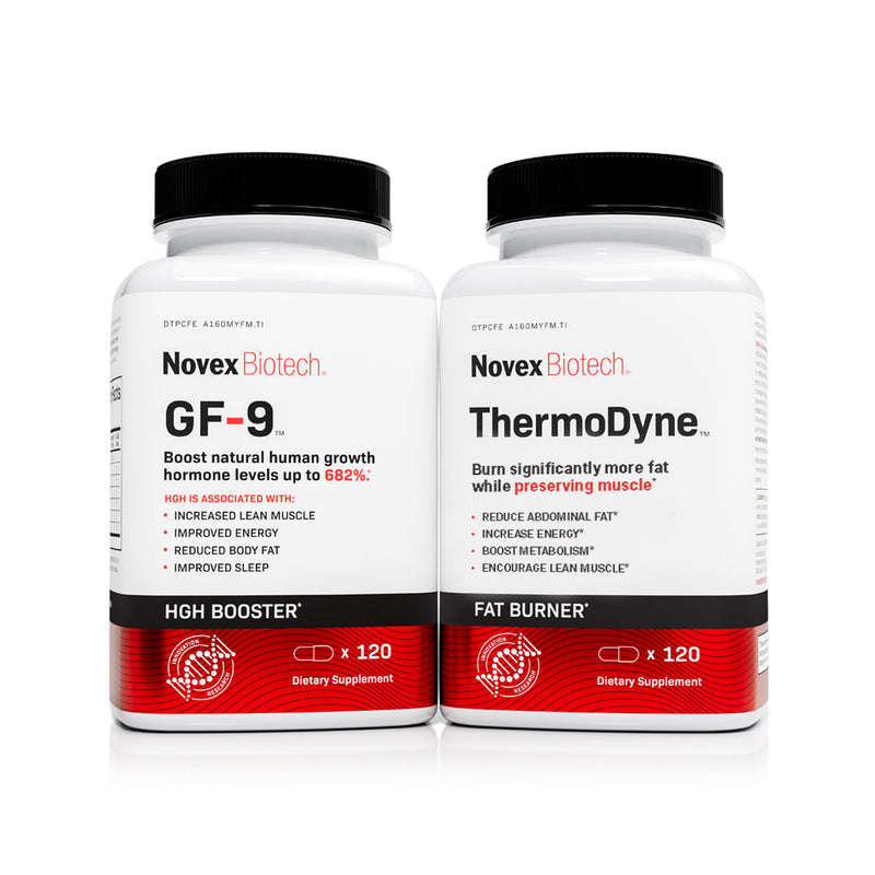 A bottle of GF-9 & Thermodyne Fat Burner next to each other on a white background