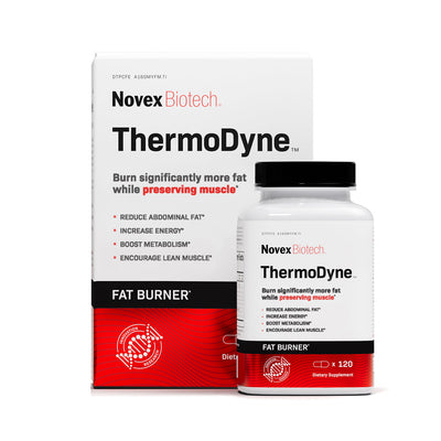 A bottle of Thermodyne and it's packaging on a white background