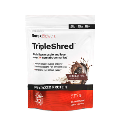 Image of a Novex Biotech Triple Shred protein powder packet, Chocolate Fudge flavor. The packet is white with red and black accents. At the top, it displays '20g PROTEIN', '952mg THERMOGENIC', and '110mg CAFFEINE'. The brand name 'Novex Biotech' is visible above the product name 'TripleShred'.  The packet highlights the benefit: 'Build lean muscle and lose over 3X more abdominal fat'.  It also lists 'PROTEIN FOR LEAN MUSCLE GROWTH', 'THERMOGENIC BLEND FOR RAPID FAT LOSS', and 'CAFFEINE FOR FAST-ACTING ENERG