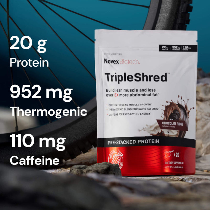 Image of a Novex Biotech Triple Shred protein powder packet in Chocolate Fudge flavor, highlighting 20g protein, 952mg thermogenic blend, and 110mg caffeine. Background shows a blurred bicycle wheel.